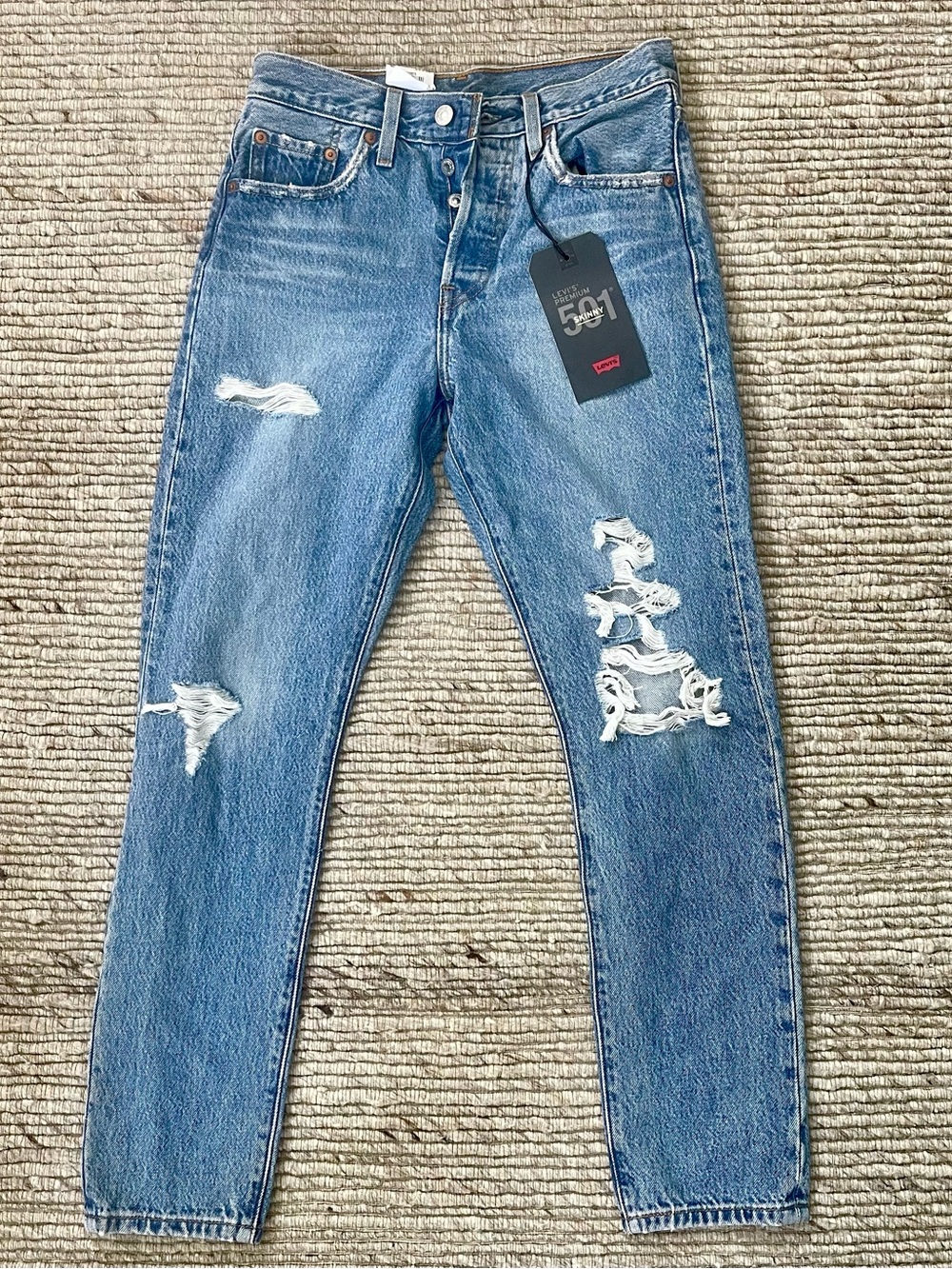 NWT Levi's 501 Premium Women’s Distressed High Rise Skinny Leg Button Fly 25 x 2